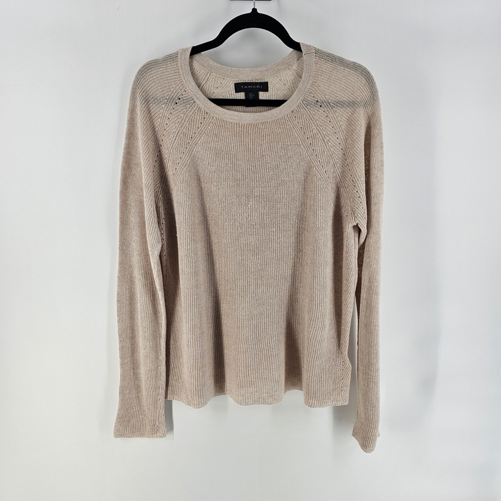 Tahari Linen Blend Sweater L Beige Open Knit Raglan Coastal Transitional Capsule